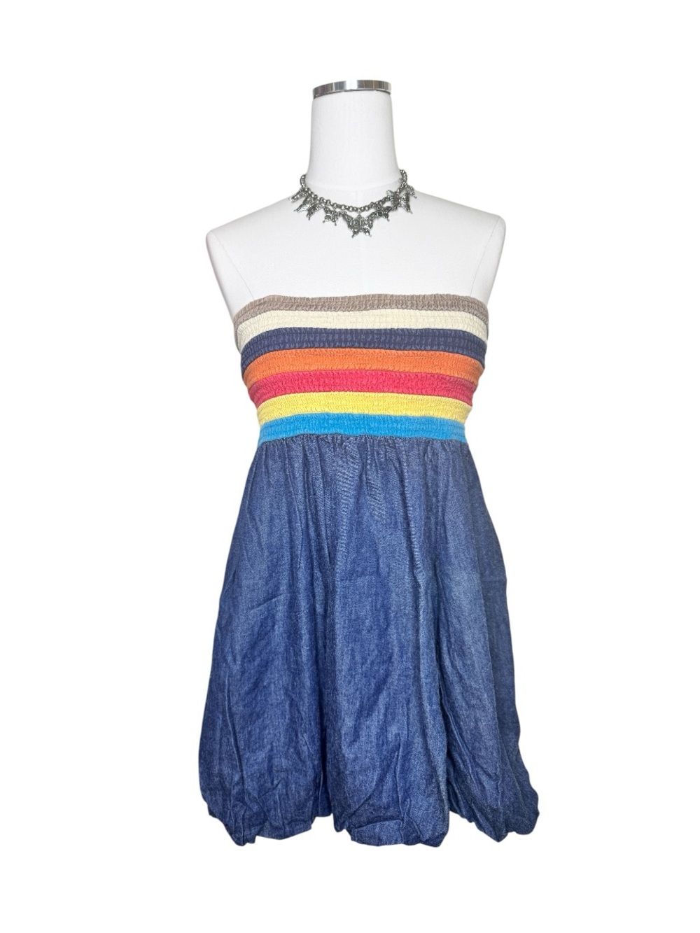 Y2K Wet Seal Strapless Colorful Stripe Bubble Micro Mini Dress Size Medium